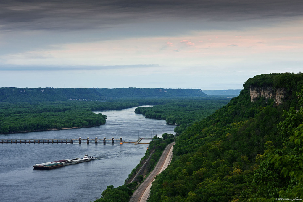 Barges leaving Lock and Dam No. 5 and Highway 61 from John A. Latsch State Park Winona MN