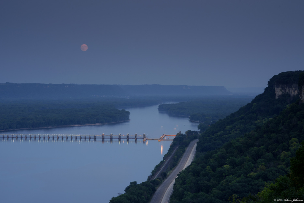 Full moon over the Mississippi River from Mount Charity