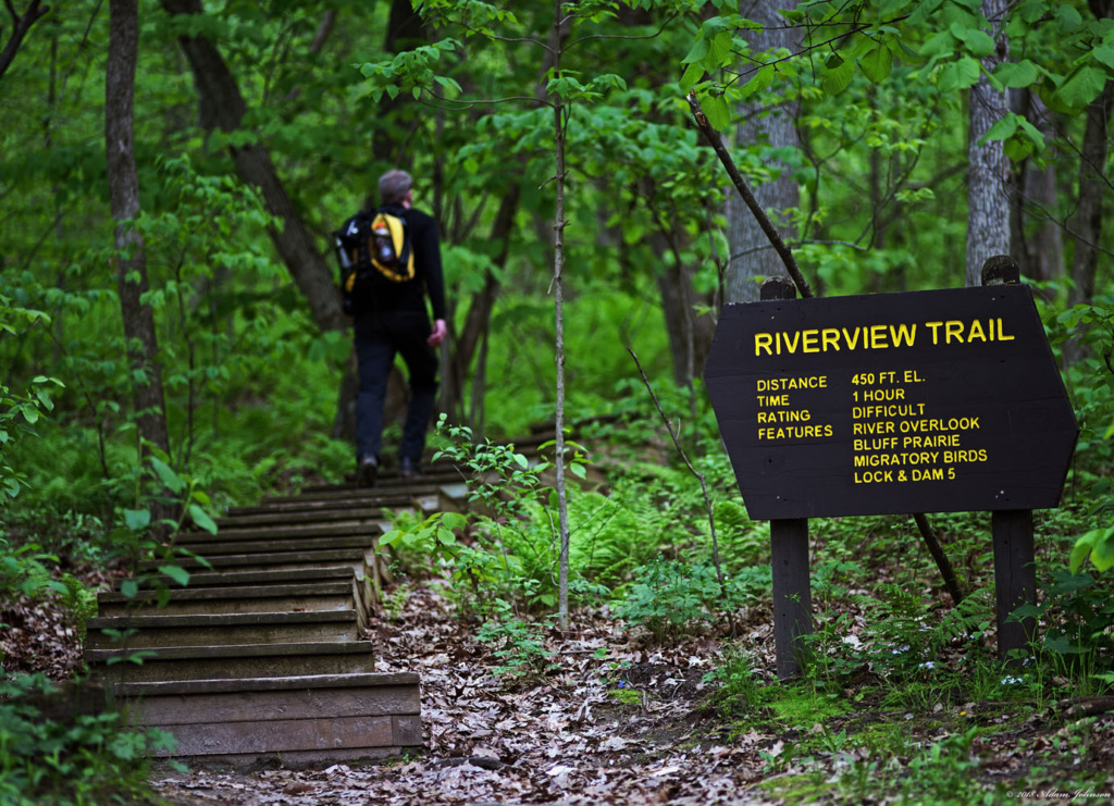 Walking up the steps of the Riverview Trail in spring John A. Latsch State Park