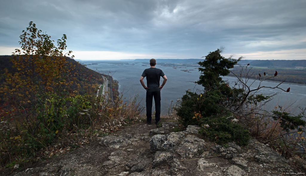 Looking out from the top of the bluff at Highway 61 and the Mississippi River at John A. Latsch State Park