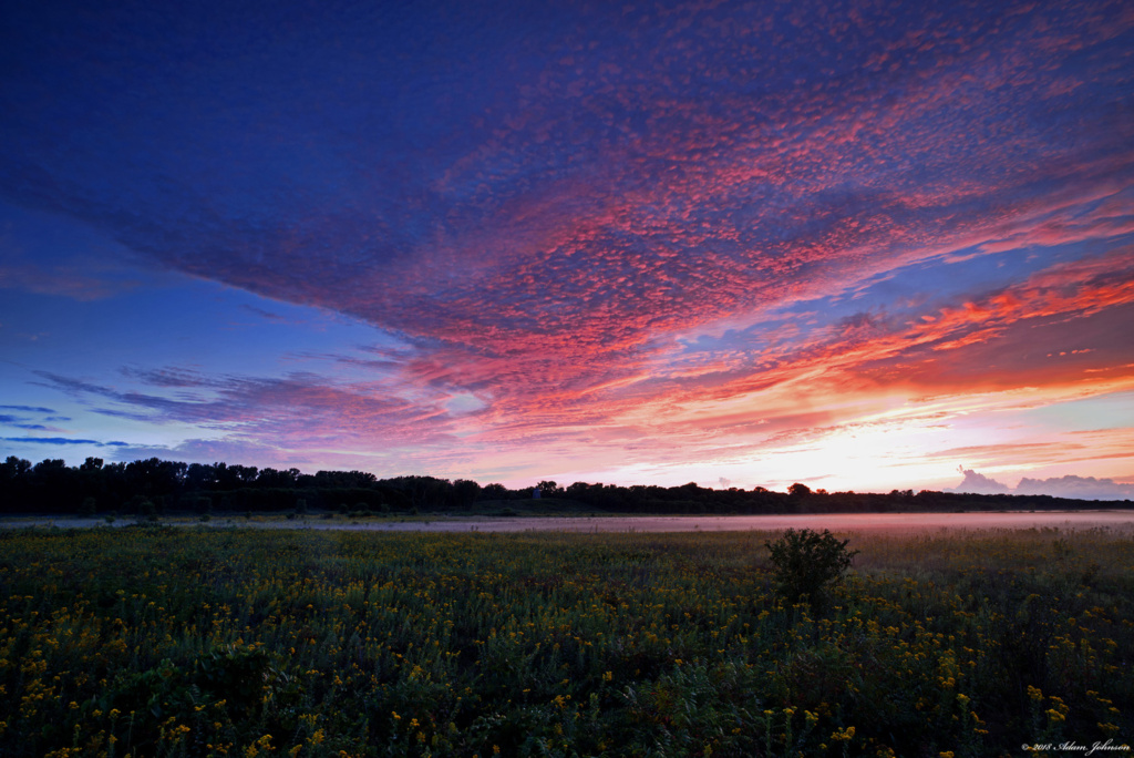 Fog reflecting orange from the sky after sunset