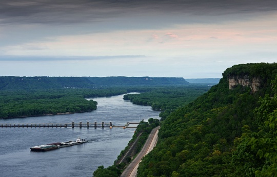 "Barges Leaving Lock and Dam No. 5" Barges leaving Lock and Dam No. 5 and Highway 61 from John A. Latsch State Park Winona MN