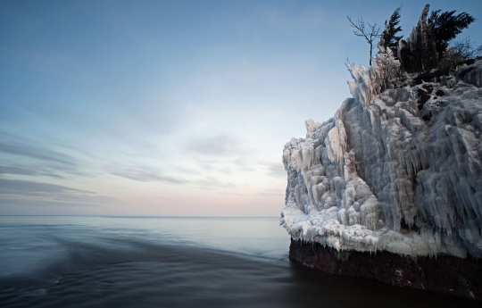 "Beautiful Light" Ice covered rocks at the mouth of the Baptism river at twilight - Tettegouche State Park