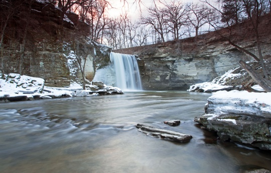 "Down Along the River in Winter" Minneopa Falls at sunset during winter | Minneopa State Park