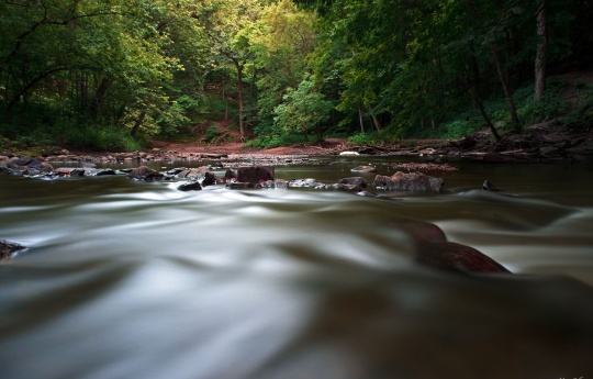 "Forest and River Scene" Long exposure of water flowing over rock in Minneopa Creek | Minneopa State Park