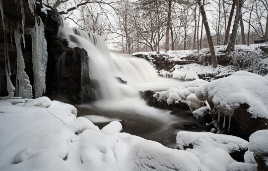 "Fresh Snow at Upper Minneopa Falls" Late winter snow on Upper Minneopa Falls | Minneopa State Park