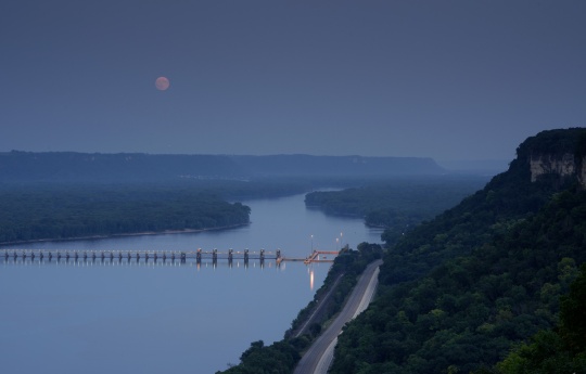 "Full Moon Rising Through the Haze" Full moon over the Mississippi River from Mount Charity | John A. Latsch State Park