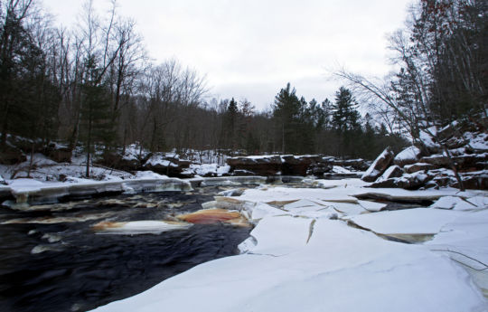 Snow and ice on the Kettle River at Hell's Gate Rapids | Banning State Park