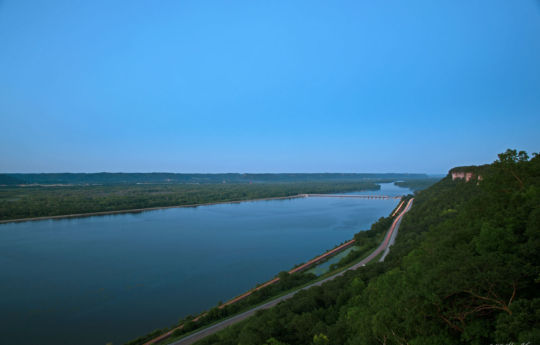 Long exposure of train and Highway 61 traffic from Mount Charity | John A. Latsch State Park