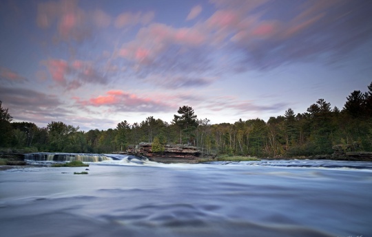 "Kettle River Twilight" Pink clouds over Big Spring Falls at sunset | Big Spring Falls Banning State Park