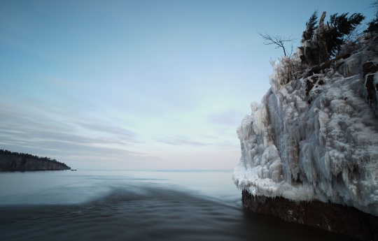 "Last Remaining Ice" Twilight and ice covered rocks at the mouth of the Baptism River - Tettegouche State Park
