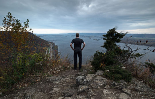 Looking out from the top of the bluff at Highway 61 and the Mississippi Rive - John A. Latsch State Park