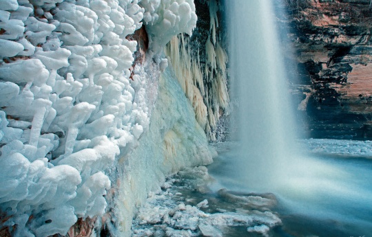 "Mist Becomes Ice" Ice building up on sandstone below Minneopa Falls | Minneopa State Park