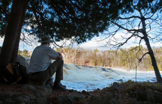 Sitting under a tree next to a waterfall on the Saint Louis River | Jay Cooke State Park