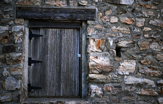 "Seppmann Mill Stonework" Minneopa State Park - Wood plank window of Seppmann Mill