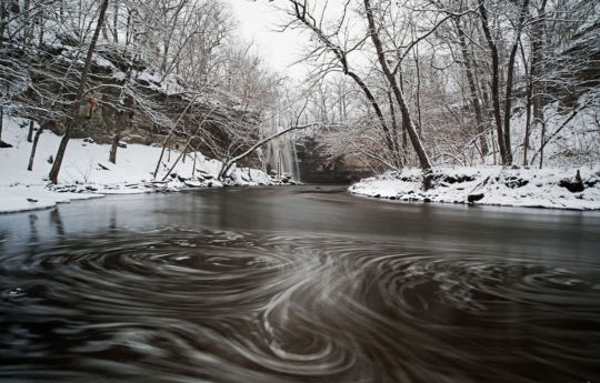 Long exposure of the current in Minneopa creek during winter snow storm | Minneopa State Park