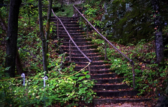 "The Limestone Steps In September" Limestone steps leading to Minneopa Creek