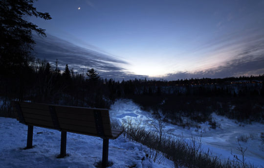 Overlook with crescent moon on a warm January night | Gooseberry Falls State Park